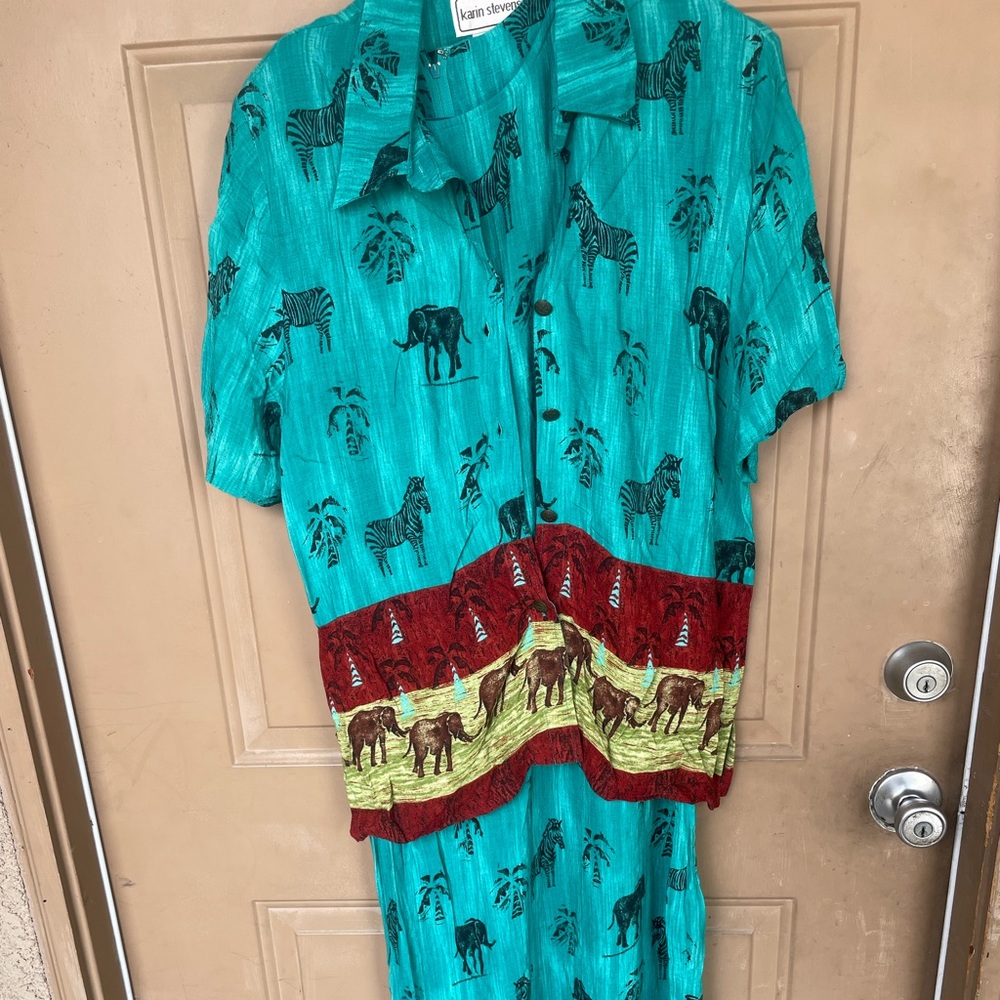 Vintage Karin Stevens dress and matching shirt zebras and elephants sz 18